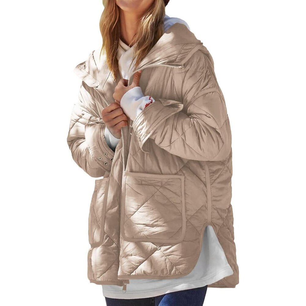 Womens Quilted Puffer Jacket Hooded Long Sleeve Zip Up Winter Coat Lightweight W
